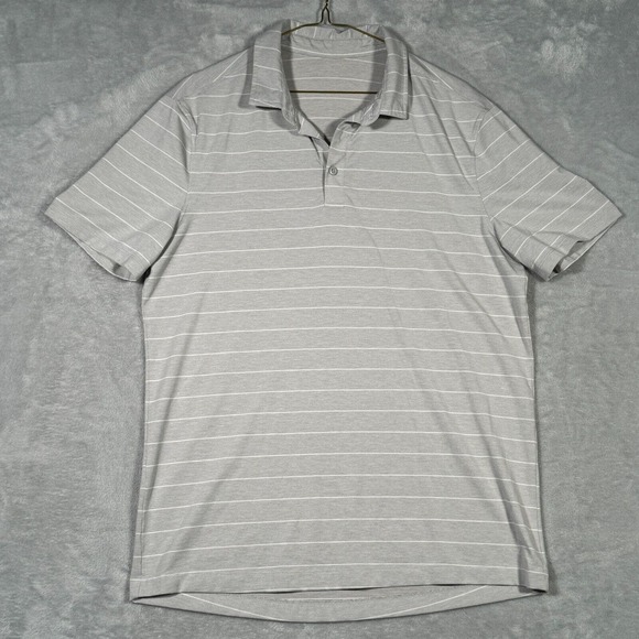 Lululemon Polo Shirt L Gray Striped Short Sleeve‎ *NO SIZE TAG SEE MEASUREMENTS - Picture 1 of 7